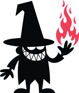 A cartoon black character with sharp teeth and a pointed hat conjures red flames from hand