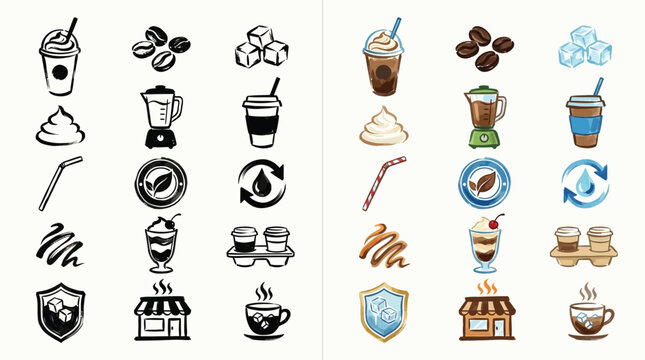 Collection of coffee and beverage icons in two styles, hand-drawn and colored, for use in design.