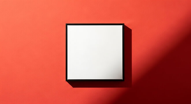 Square white box mockup on textured red surface with sharp sunlight shadows minimalist presentation background aesthetic container packaging creative geometric