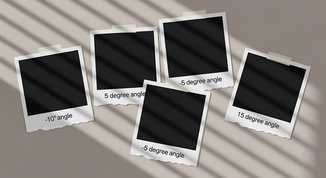 Set of blank instant photo frames with dramatic window blind shadows on neutral grey background polaroid photography collection aesthetic arrangement creative minimalist sunlight