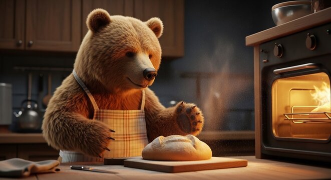 Cute Bear Baking Fresh Bread in a Cozy Kitchen.