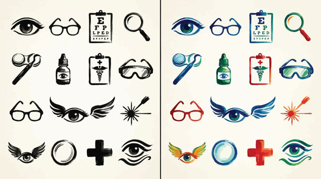 Collection of eye care and vision symbols, including eyes, glasses, and medical instruments.