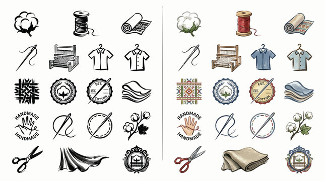 Set of icons representing the cotton textile industry, from raw material to finished product.