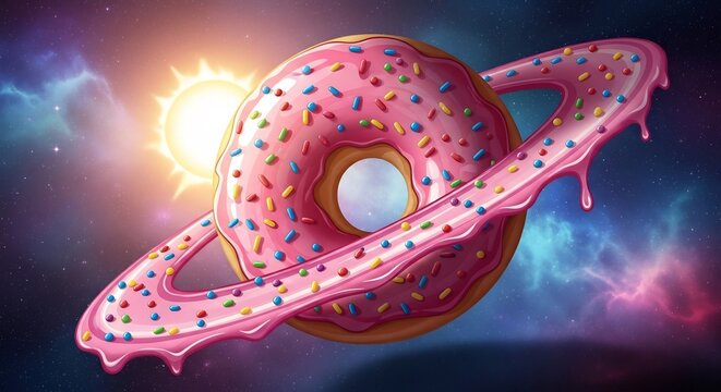 Whimsical Donut Planet with Icing Rings in Cosmic Nebula.