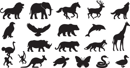 Obraz premium A collection of various wildlife and domestic animal silhouettes, featuring mammals, birds, reptiles, and insects set against a plain background.