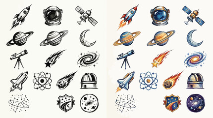Collection of Space and Astronomy Icons in Color and Black and White. © Renald