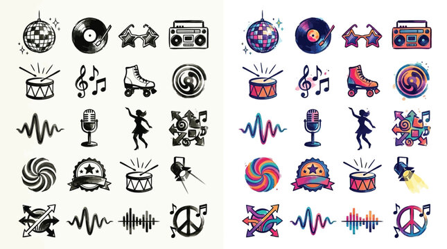 Collection of retro music and party icons in black and white and color.