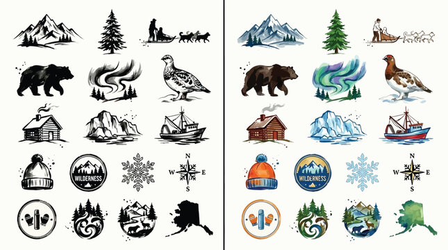 Collection of Arctic and Alaskan themed illustrations including animals, landscapes, and cultural symbols.