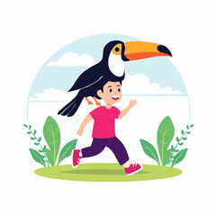 Obraz premium Boy Running with Toucan on Head