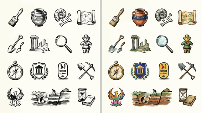 Collection of archaeological icons and symbols representing exploration, discovery, and ancient artifacts.