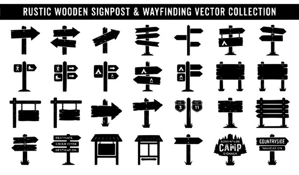 Rustic wooden signpost silhouette icon set with multi direction arrow vector collection