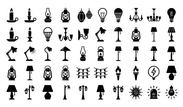 Black silhouette light source icon set with candles lamps lanterns and bulbs vector collection