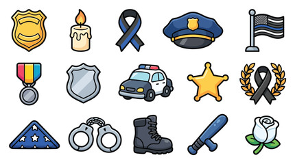 Collection of police-related icons and symbols, including badges, a police car, handcuffs, and memorial items. © geira