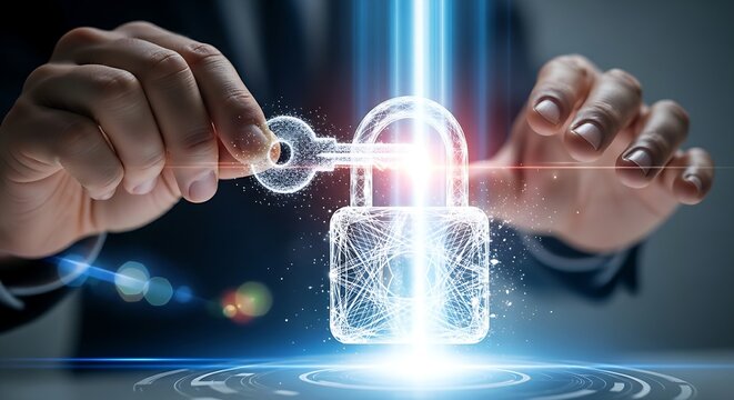 Unlocking potential concept. Close-up of hands turning a 'key' in a holographic 'padlock', which opens to release a bright beam of light, representing unlocked potential.