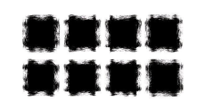 Set of eight black square grunge brush strokes with rough edges hand-painted abstract ink texture elements isolated on white background artistic abstract isolated background distressed creative