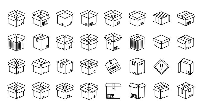 Logistics and shipping box icons set featuring various cardboard packaging containers fragile labels and delivery symbols in clean black line art style for supply chain and commerce design