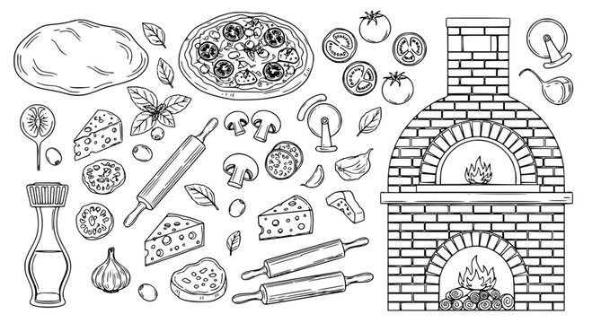 Pizza making ingredients and traditional brick oven illustration set featuring pizza dough tomatoes basil mushrooms cheese garlic and rolling pins in clean black outline vector style