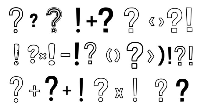 Collection of various punctuation signs and mathematical symbols including question marks and exclamation points with decorative outlines isolated on white for creative graphic design