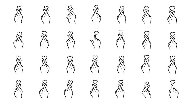 Set of hand drawn finger heart gesture icons showing love and affection in simple black line art style isolated on white background for social media interaction and creative design elements