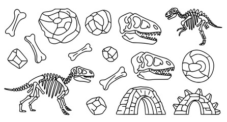 Educational collection of dinosaur fossils and paleontological discovery icons featuring skeletons skulls and ancient rocks in a clean line art style for museum exhibitions © Abirex