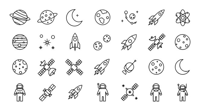 Set of space exploration icons featuring planets rockets satellites and astronauts in minimalist black and white line art style for modern graphic design projects and educational interfaces