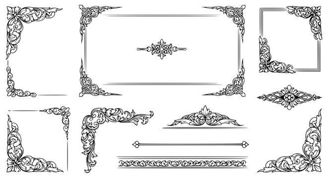 Elegant collection of vintage baroque frames and ornamental decorative elements for sophisticated wedding invitations and historical luxury stationery design projects in vector format