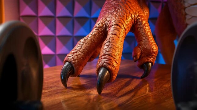 A close up view of a textured orange reptilian claw resting on a polished wooden surface, featuring sharp black talons in a studio environment with purple and blue geometric background lighting.