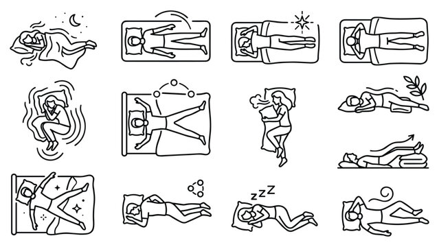 Collection of various sleeping positions in linear black and white line art style.