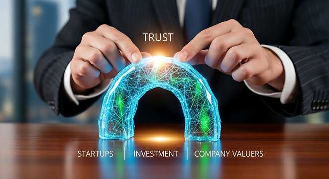 Solid foundation and trust. An executive's hands place the final keystone block into a stable holographic arch, symbolizing a solid foundation.