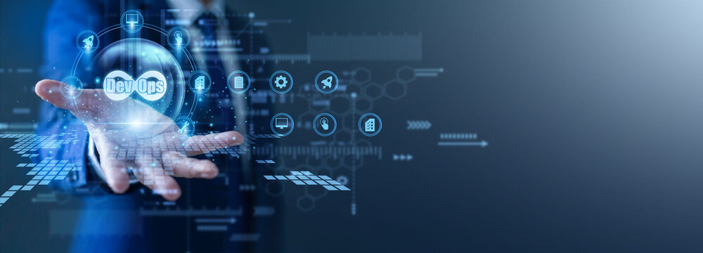 Software engineer deploys code. Lead with a glow the hand DevOps network pipeline. Continuous integration and delivery workflows accelerate development cycles and improve system stability.