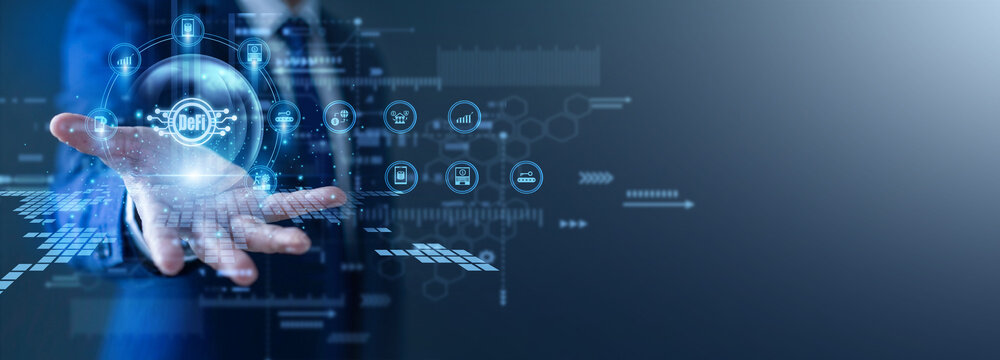 Crypto analyst trades coins. Investor with a glow the hand DeFi network chain. Decentralized finance protocols enable transparent transactions and open financial access for global users.