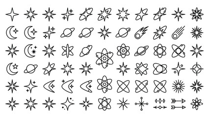Stars and space elements vector illustration set with moon, planets, celestial bodies. © MdJubayer