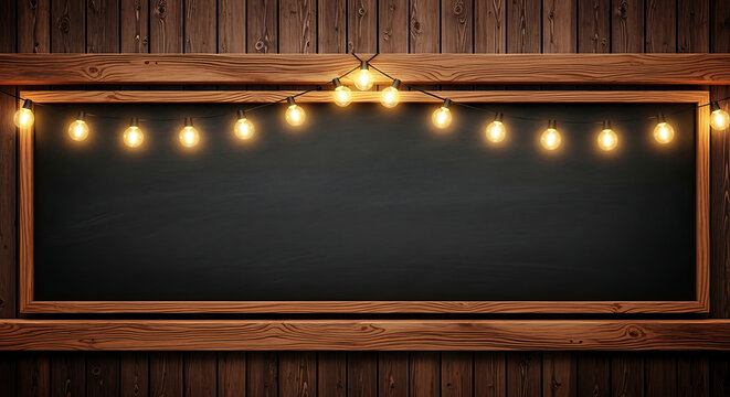 Chalkboard with wooden frame and string lights menu board party lights writing surface chalkboard blackboard background restaurant decoration lighting template copy space