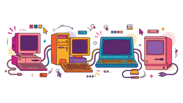 Retro computers and vintage technology icons for digital or nostalgic themed graphic design.