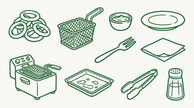 Collection of isometric food preparation and serving items, including a deep fryer, onion rings, and utensils.