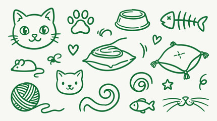 Cute hand-drawn doodle set of cat-related elements, including faces, paws, toys, and food bowls, in a charming green outline style. © logan