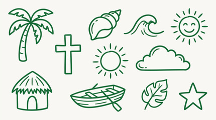 Obraz premium Set of hand-drawn doodle icons representing various elements of summer, travel, and tropical themes, perfect for design projects.