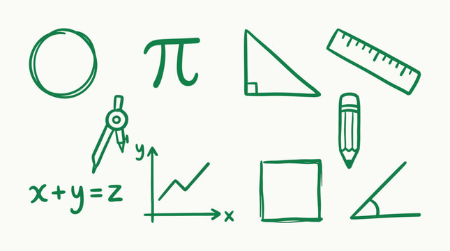Hand-drawn doodle set of mathematical symbols and geometry shapes on a white background, perfect for educational and science-related designs.
