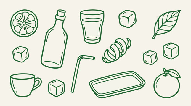 Set of hand-drawn illustrations for drinks and beverages, including citrus, ice, glasses, and bottles.