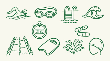Swimming pool and swimmer accessories line art icons set, including goggles, cap, stopwatch, and kickboard. © logan