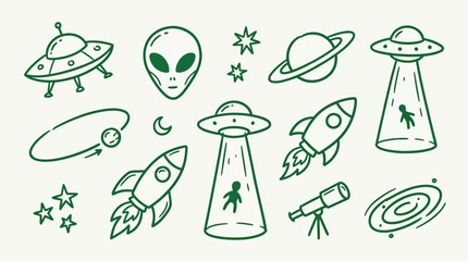 Set of hand-drawn space and alien themed doodles including UFOs, rockets, planets, stars, and an alien head. © logan