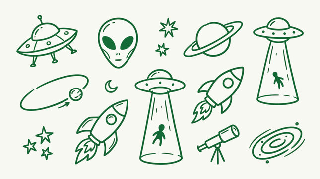 Set of hand-drawn space and alien themed doodles including UFOs, rockets, planets, stars, and an alien head.