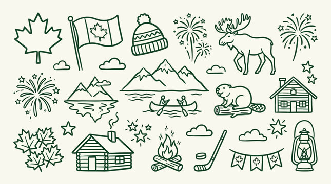 A collection of hand-drawn Canadian symbols and icons, including wildlife, nature, and cultural elements, in a doodle style.