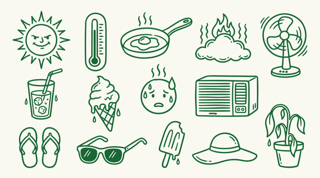 Summer heatwave icon set with sun, thermometer, frying egg, sweat, fan, drink, ice cream, emoji, air conditioner, flip-flops, sunglasses, popsicle, hat, and wilted plant.