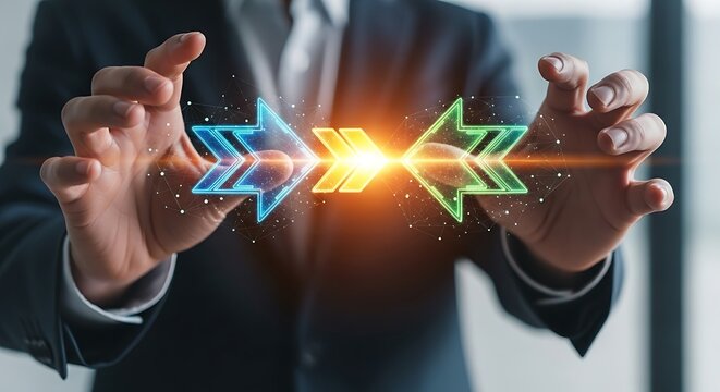 Synergy and teamwork concept. A manager's hands join two holographic arrows that merge into a single, larger, and brighter arrow, representing synergy.