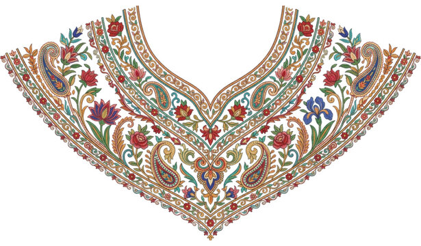 Traditional Kashmiri embroidered neckline ornament vector isolated on white background