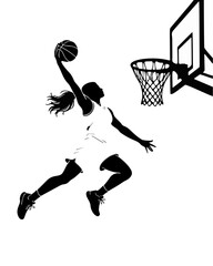 Silhouette of a Young Female Athlete Performing a Powerful Basketball Dunk Shot © Tri