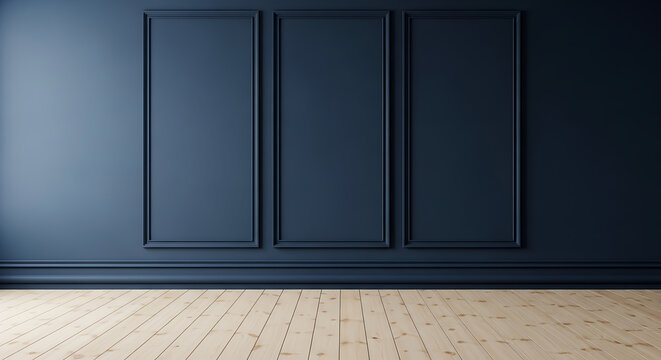 Dark blue wall with ornate paneling and light wooden floor interior design wood floor parquet floor decorative molding design element home decor architectural detail wainscoting background