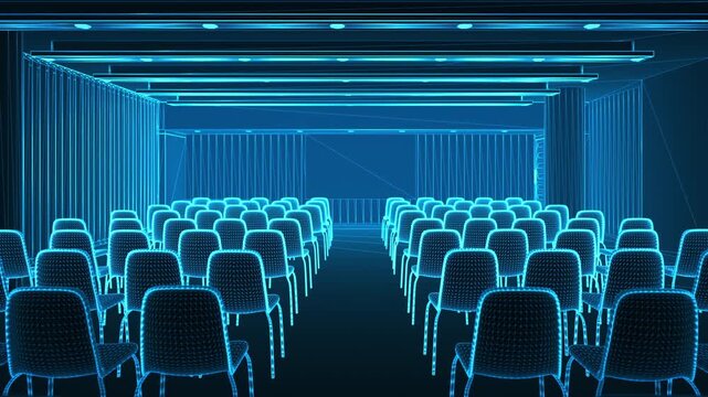 Digital wireframe classroom with striped walls and segmented ceiling as camera tracks across symmetrical rows of aligned seating