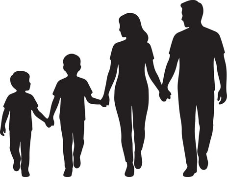 A black silhouette illustration featuring a family of four? mother, father, and two sons?alking together hand-in-hand against a plain background.